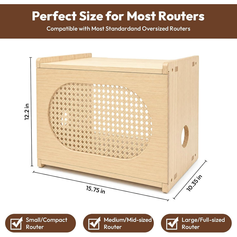 Natural Wood Router Box Hider with Rattan Doors,Light Wood