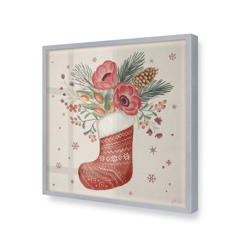 Bas de Noël rétro imprimé, Cadre simple en chrome poli, bois massif, H 17,75 po x l 17,75 po