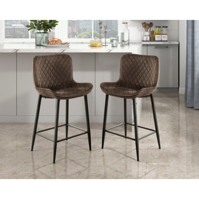 Set Of 2 Counter Height Chairs Velvet Upholstery Modern Casual Dining Furniture Metal Legs