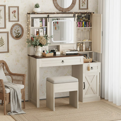 Ensemble de meuble-lavabo de ferme 42 "avec miroir lumineux coulissant, plateau en verre et station de charge