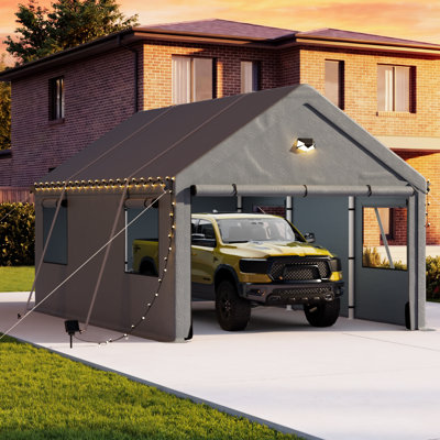 10x16ft Heavy Duty Enclosed Carport with Mesh Windows & Solar Lights – All-Weather Outdoor Shelter for Vehicles