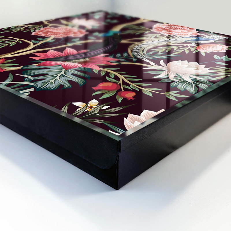 Key box, Opens to the left, 30x30x5, Black, Exoticism with birds and colorful flowers full of grace, 
