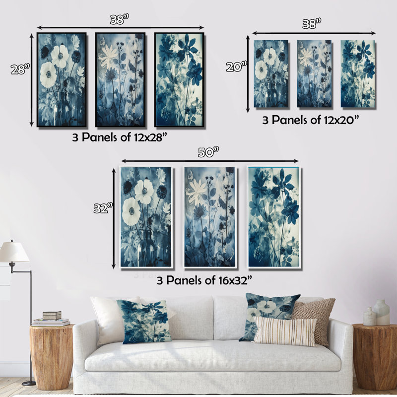 «Blooming Anemones Flowers Blue Vintage Botanical», 3 pièces sur toile, Cadre flottant noir, H 20 po x l 36 po