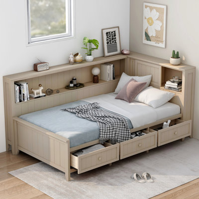 Farmhouse Solid Pine Wood+MDF Daybed – 3 Drawers & Side Storage Shelves, No Box Spring Required