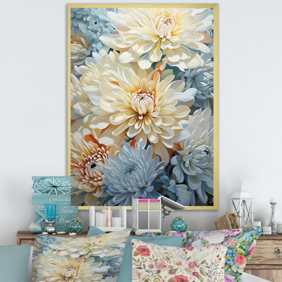 «Simplicity Mums Bloom» en beige et bleu discret sur toile
