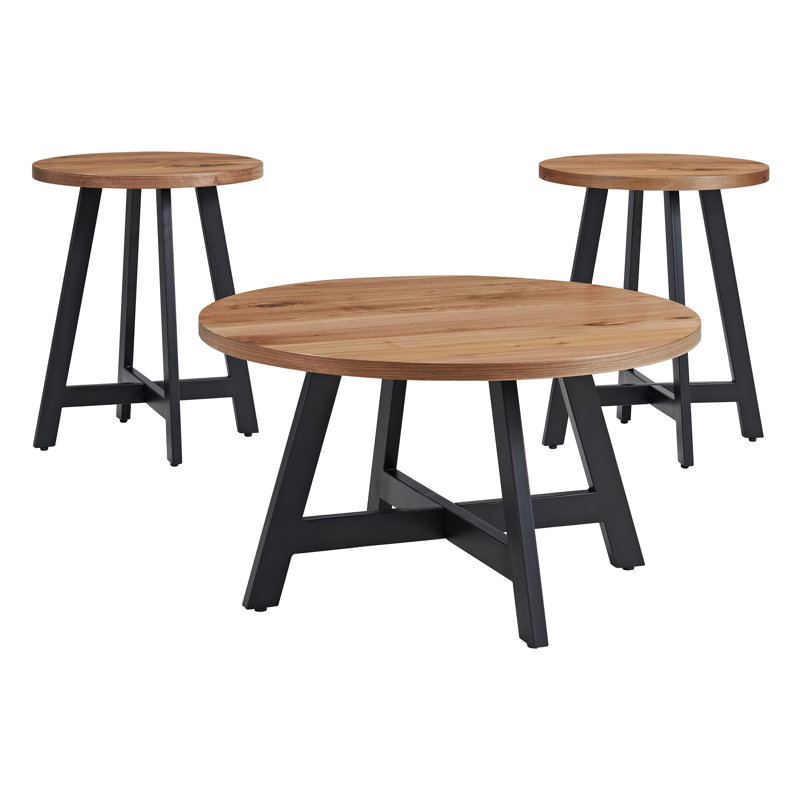 Ensemble de tables basses 3 pièces - Table basse ronde industrielle moderne et 2 tables d'appoint - Pour le salon, un appartement ou un dortoir (noyer)
