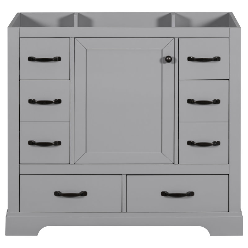 Armoire de salle de bain grise, 6 tiroirs, tablette réglable, base en bois massif, meuble-lavabo gris de 36 po, Gris