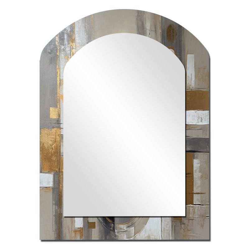 Gold And Grey Radical Simplicity I - Midcentury Modern Unique Shape Large Wall Mirror, Modern Freeform Unique Mirror, Printed Metal Art