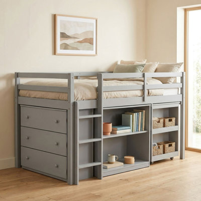 Twin Loft Bed with Desk, Drawers & Shelves, Solid Rubber Wood, Loft Bed with Storage, Space-Saving Bedroom Furniture