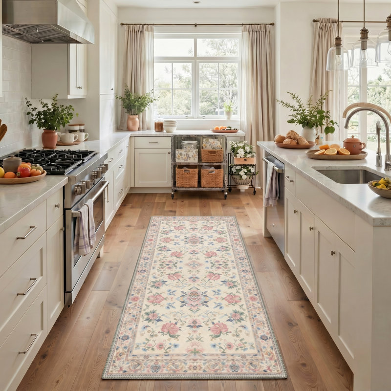 Allsop Vintage Floral Machine Washable Blush Rose / Beige Indoor Area Rug With Non-Slip Backing, Runner 2'6" x 8'