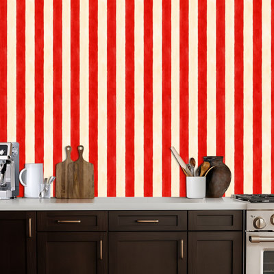 Peel and Stick Wallpaper Red Cream Vertical Stripe Watercolor Contact Paper Removable Self Adhesive Wall Mural Wall Decor for Bedroom Kitchen Cabinets 24in x 118in