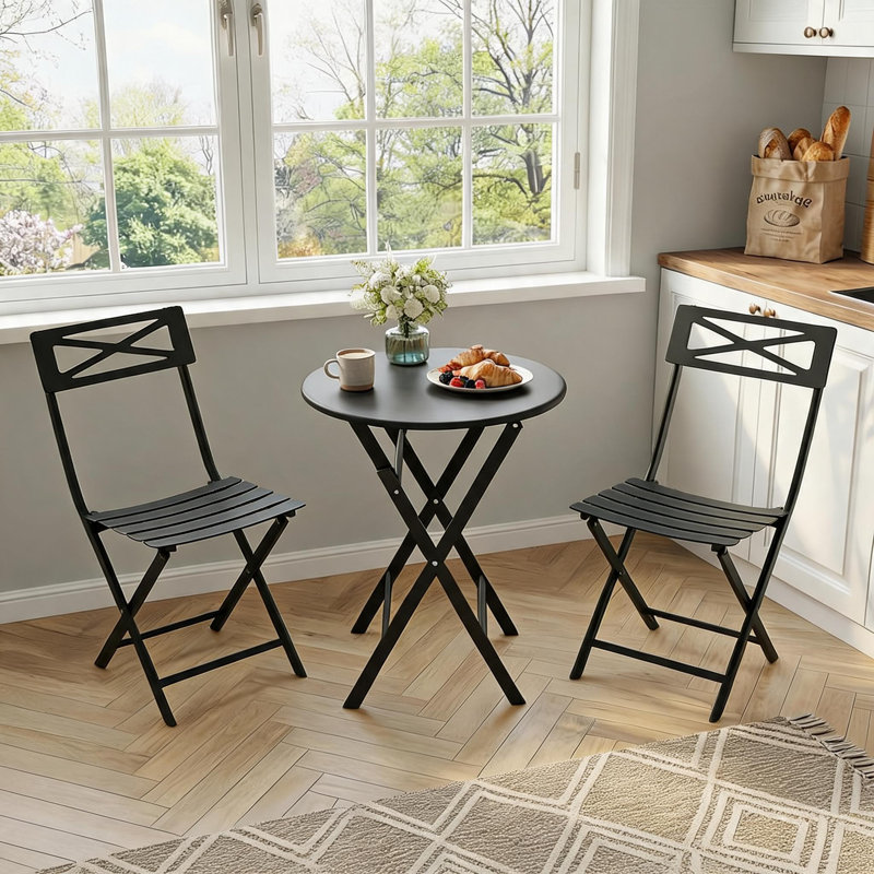 Pliable et résistant aux intempéries | Ensemble bistro 3 pièces - Ensemble table de fer et 2 chaises - Mobilier de jardin extérieur / intérieur compact - peu encombrant, durable et facile à ranger - Noir