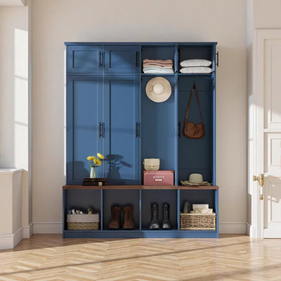 Farmhouse Hall Tree with 4 Hidden Hanging Hooks, Walnut Seating Bench & 8-Door Shoe Cabinet, Versatile Entryway Storage with Open Compartment for Living Room, Blue