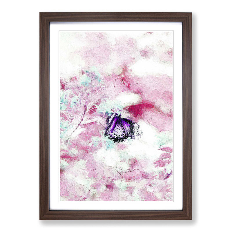 A Butterfly upon a Flower in Abstract - Picture Frame Painting Print on Paper, 45cm H x 33cm W x 2cm D, Walnut Framed