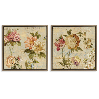 Vintage French Floral with Script 2 Piece Framed Floater Canvas Set by Deborah Devellier