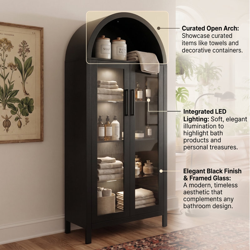 67"H X 30"W Tall Arched Storage Cabinet With LED Light & Glass Doors, Storage Cabinet With Adjustable Shelves, Black