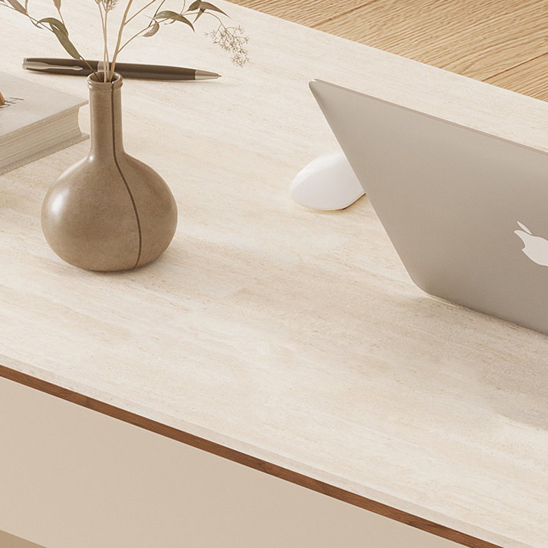 Bureau rectangulaire beige clair avec plateau en pierre et tiroir de rangement, H 29,53 po x l 70,87 po x P 23,62 po