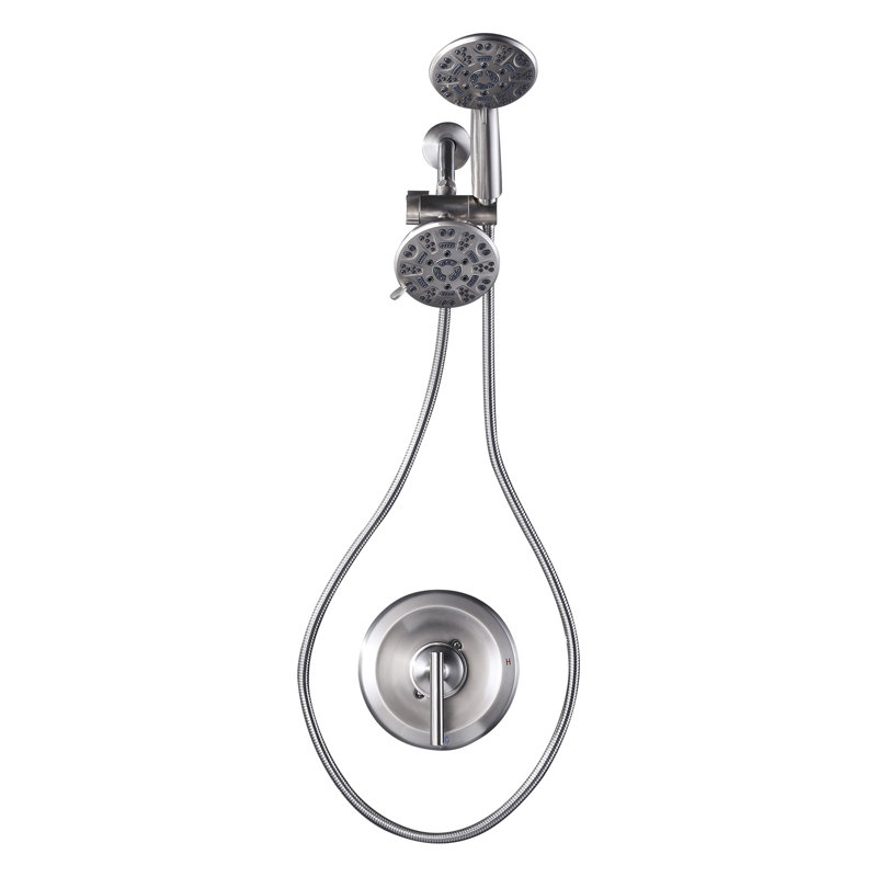 Robinet de douche à poignée simple à 7 jets 1,8 gallon par minute avec pomme de douche double réglable, Nickel brossé