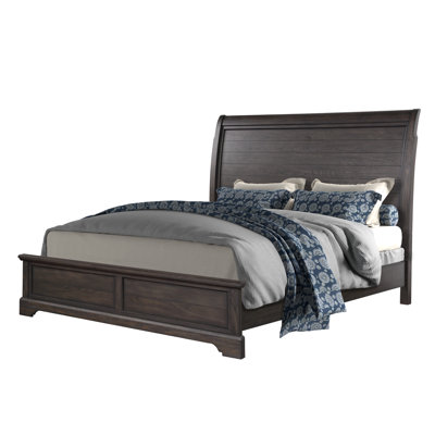 Dark Brown Elm Veneer Sleigh Bed with Wood Panel Headboard