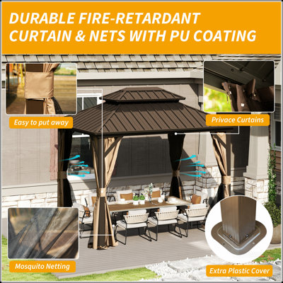 Pavillon de jardin 8 pi x 10 pi avec toit double en acier galvanisé, rideaux et filet pour les événements extérieurs et la détente