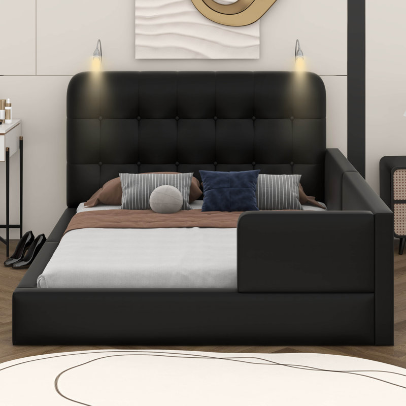 Upholstered Platform Bed With Reading Lights, Black