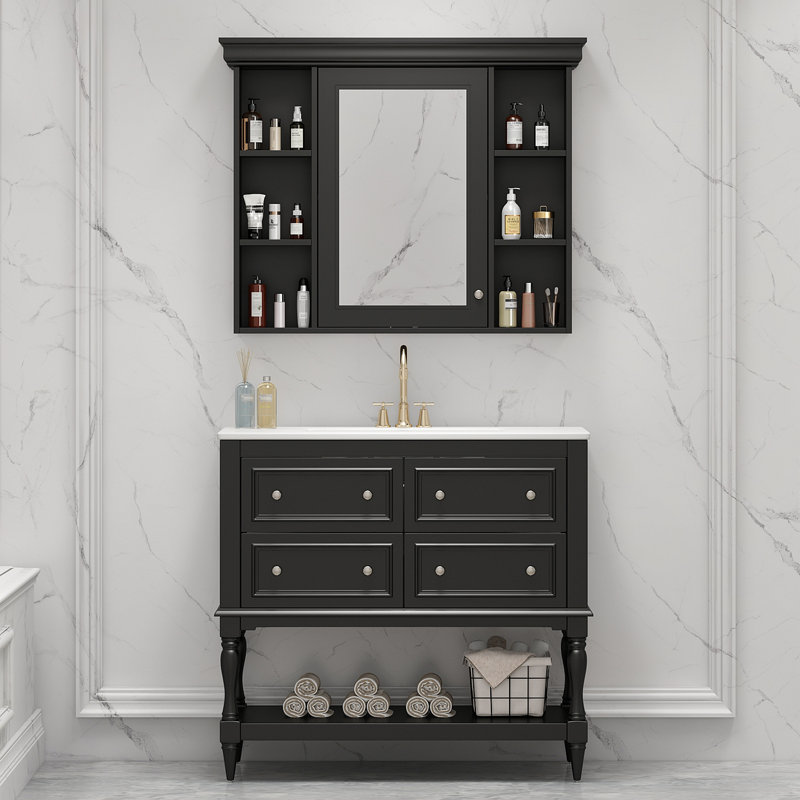 Meuble-lavabo de 36 po avec armoire à pharmacie, armoire à miroir moderne avec tablette réglable, armoire de rangement pour salle de bain à 4 tiroirs, armoire de rangement pour cadre de salle de bain en bois massif