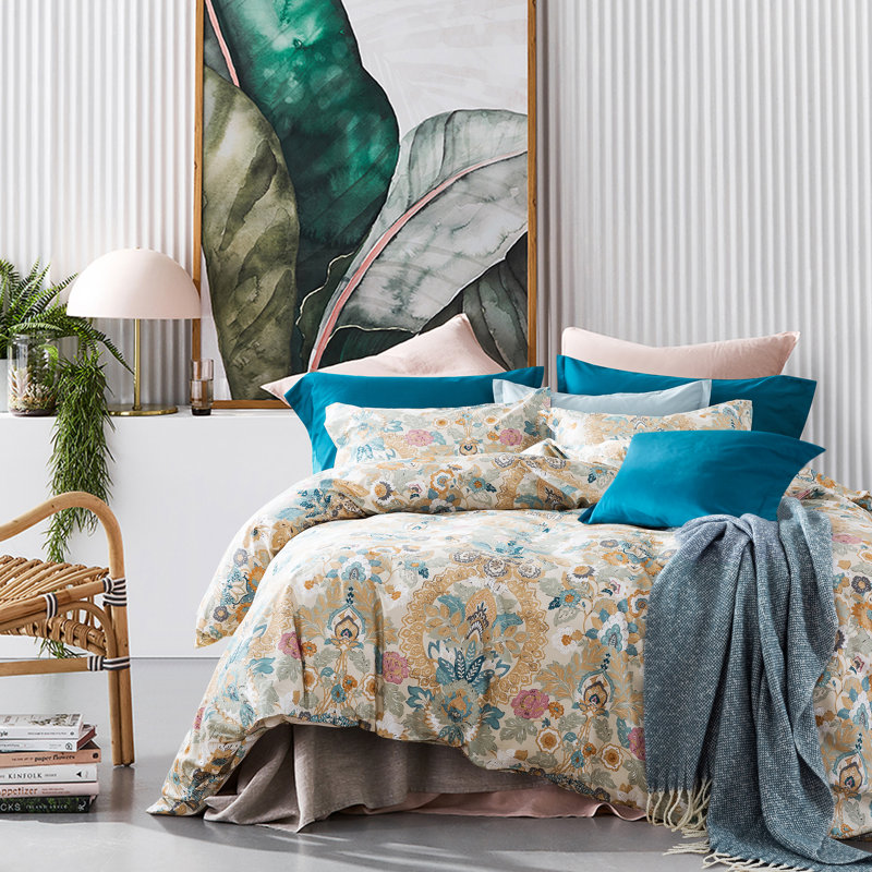 Boho Sateen Floral Duvet Cover, King Duvet Cover + 2 King Shams
