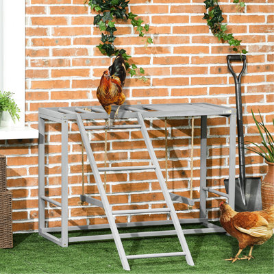 Jeu de poules avec jeu de poules, jeu de poulailler en bois gris pour 3 à 4 oiseaux, améliore l'équilibre du poulet et offre des options de divertissement, renforce le plaisir des muscles