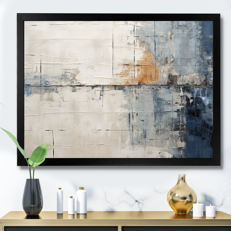 «Abstract Blue Beige Road Collage II», art mural abstrait, H 12 po x l 20 po x P 1 po, Cadre simple noir