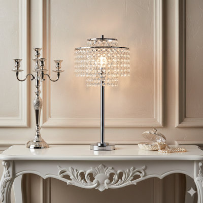 Lampe de table glamour haute de 26 pouces à deux niveaux en argent, avec charge intégrée et ports USB