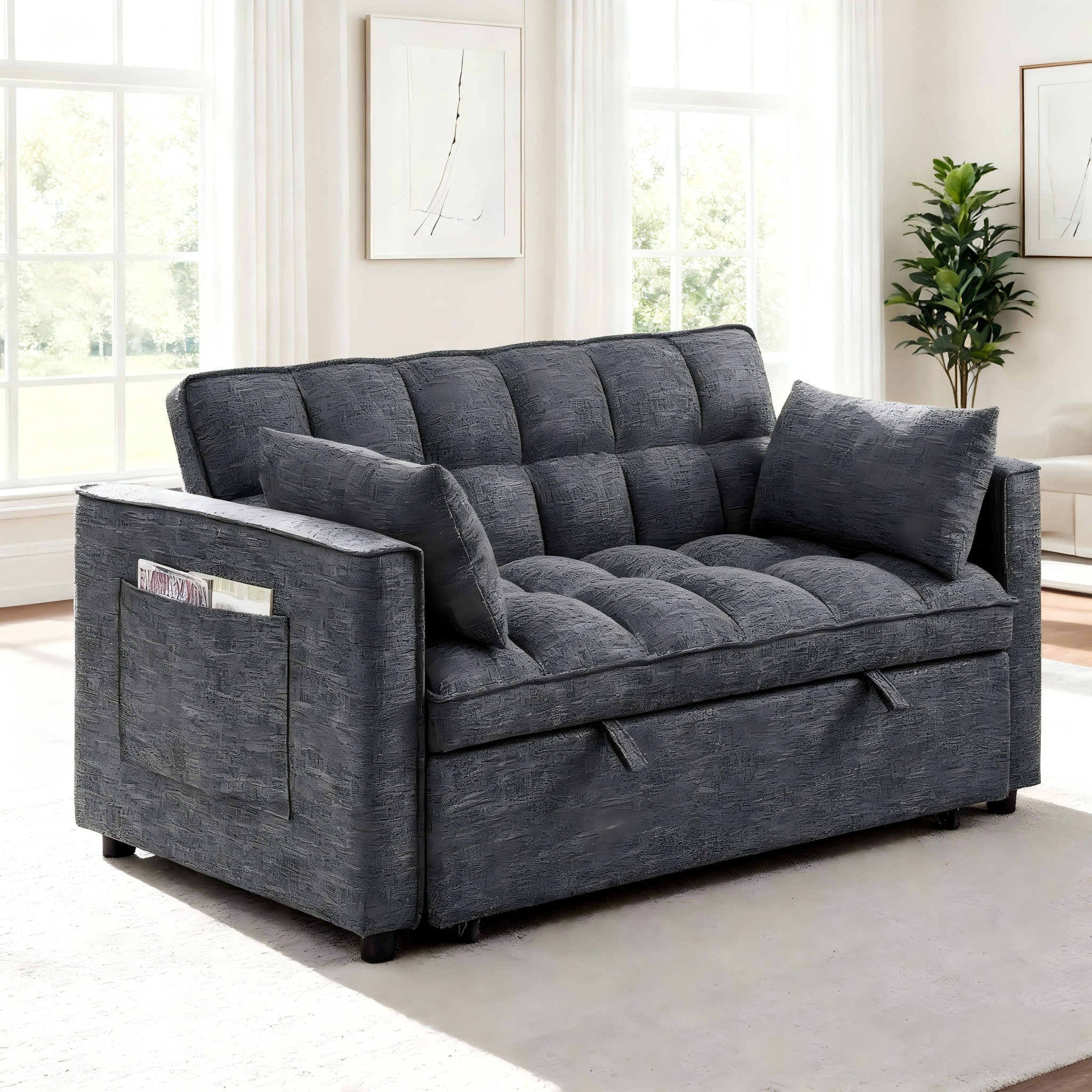 Ebern Designs 3 In 1 Tufted Convertible Sleeper Sofa Bed With 2 Pillows ...
