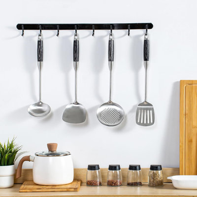 Ensemble d'ustensiles de cuisine en acier inoxydable avec poignées en bois - 4 pièces pour la cuisine, y compris le tourneur à fentes, la louche à soupe et la spatule