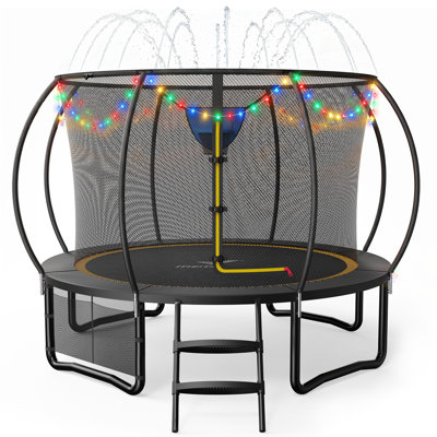 MERACH 10 FT Trampoline with Enclosure, Basketball Hoop, Sprinkler and LED Lights for Backyard