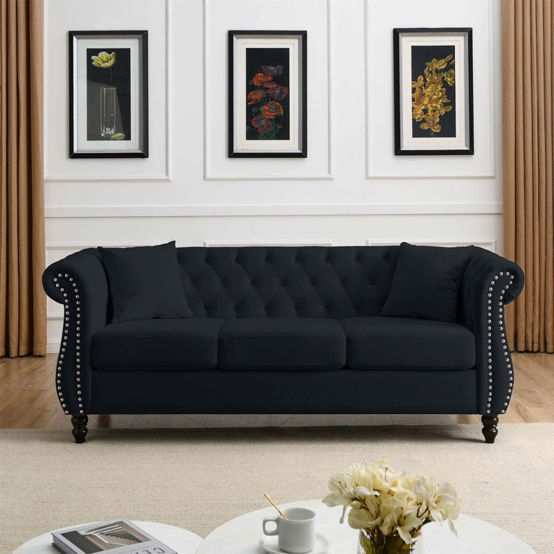 Chesterfield Sofa,Sofa Tufted Couch with Rolled Arms and Nailhead, Black Velvet