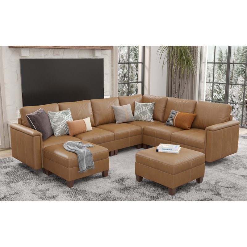 Canapé modulaire en similicuir modulaire pour salon, canapé convertible modulaire en U avec rangement et repose-pieds de 8 places, largeur de 118 pouces