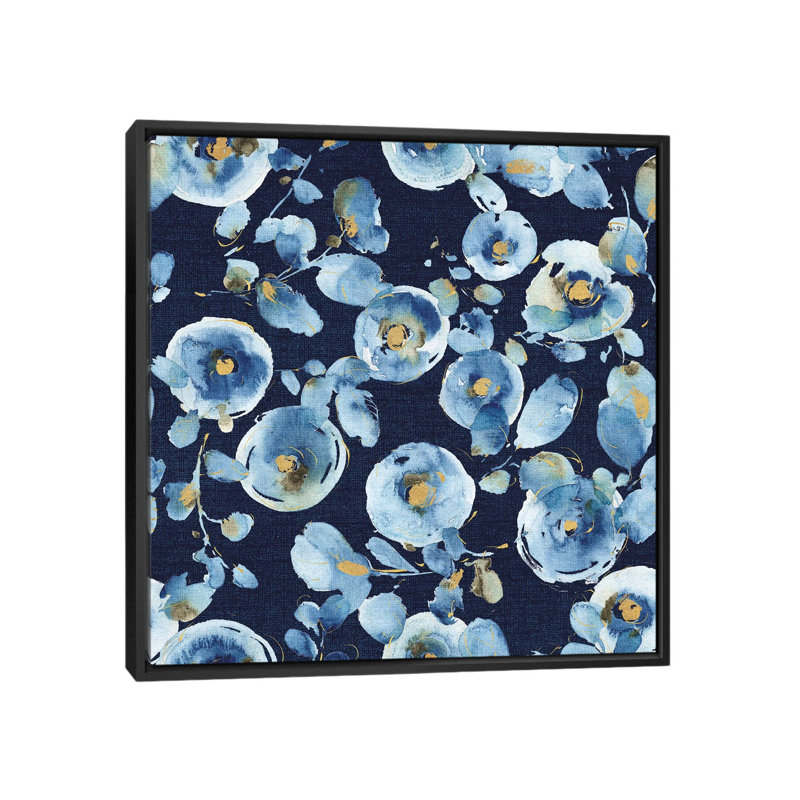 « indigold », reproduction d’art indigo sur toile, H 37 po x l 37 po x P 1,5 po, Toile avec cadre noir, Pas de tapis