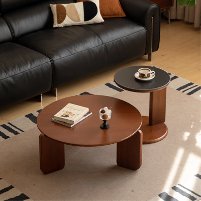 31.5"W Modern Coffee Table with Solid Poplar Round Tabletop and Solid Poplar Legs-Set of 2