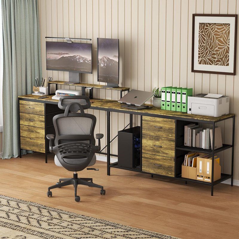 Bureau 114 po en forme de L avec Power Hub, bureau de jeu industriel - 6 tiroirs, support pour écran amovible, bureau rustique brun