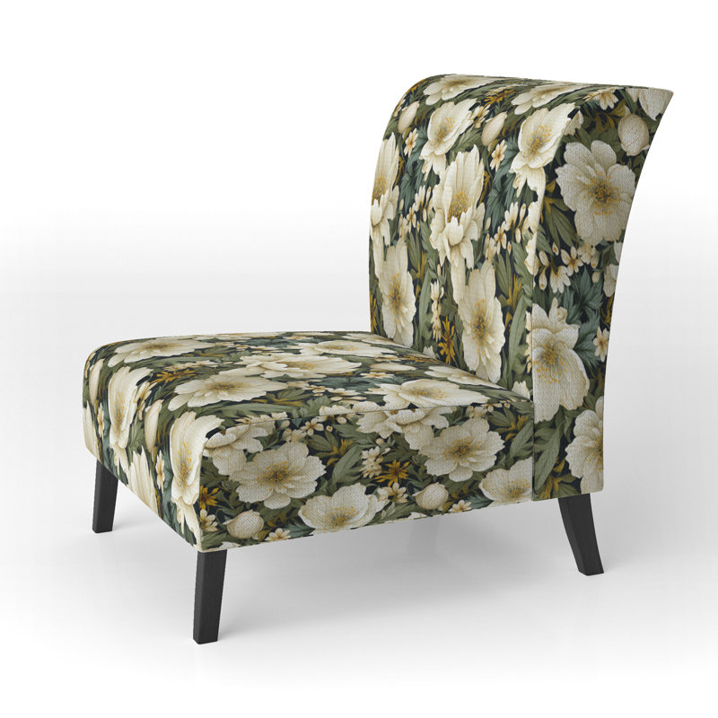 Fauteuil de chambre rembourré blanc et vert avec motif botanique II