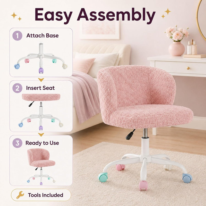 Chaise de bureau à domicile en poils de lapin artificiels avec base en métal, chaise de bureau pivotante et réglable, chaise de coiffeuse (rose)