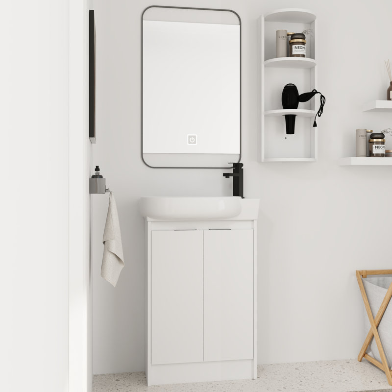Meuble-lavabo simple autoportant de 23 po avec plateau en céramique et support de rangement flottant, Blanc