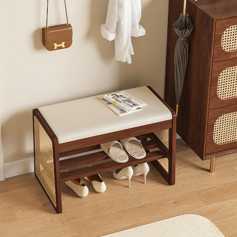 Simple Pine Wood Rattan Integrated Shoe-Changing Bench, 15.75" H x 23.62" W x 13.78" D, Brown