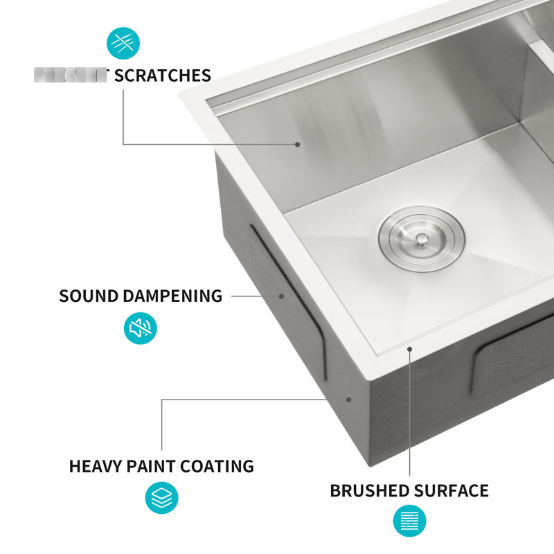Évier de cuisine encastré à double cuve en acier inoxydable de calibre 16 T304 de 32 po x 19 po x 10 po à double cuve 60/40, tablier avant en X, guide d'eau en forme de X pour drain rapide, revêtement et tampon, diviseur inférieur intelligent, poste de travail