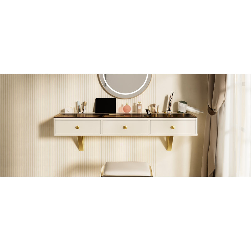 Table murale polyvalente de 47 po pour la salle de bain et la coiffure, beige doré, rangement à trois tiroirs, support pour appareils électroniques, conception exquise, tablette flottante à cadre stable avec tiroir