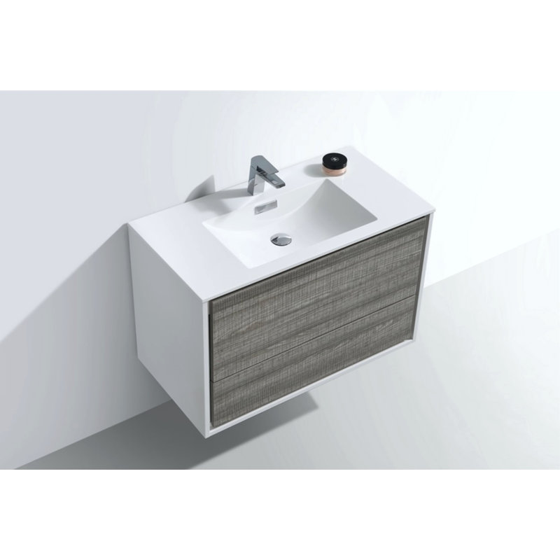 Ensemble de meuble-lavabo mural simple 36 po Trieu, Blanc brillant / gris