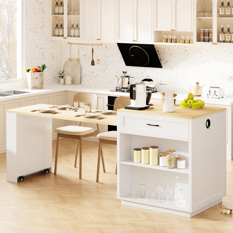 82.7 Inch Extendable Kitchen Island Table For 2-6, White Wood Grain, Double Storage, 1 Port, Type-C Side Storage Area With Power Outlet, 2 Drawers, Shelf