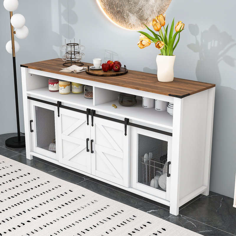 Buffet rustique Farmhouse avec portes de grange coulissantes, rangement ouvert et plateau de table spacieux, Brun / blanc