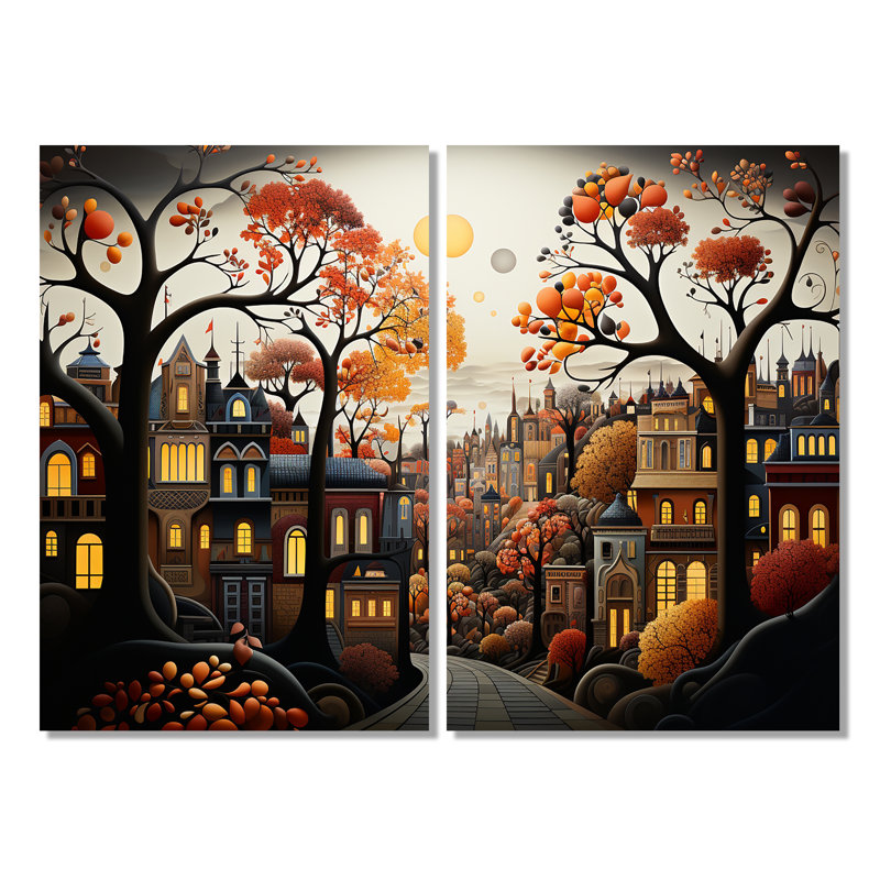Cozy Village In Autumn Moonlit I - décoration murale brune, 36" H x 48" W, Wrapped Canvas, Does Not Apply