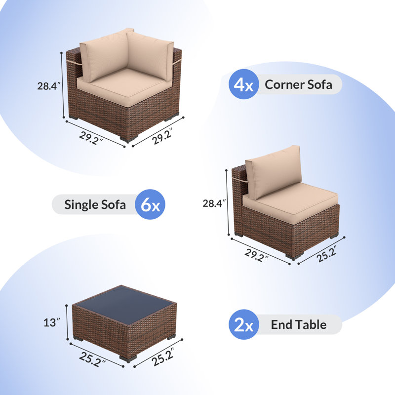 Treyshun Wicker 10 - Person Modular Patio Conversation Set with Cushions, Khaki