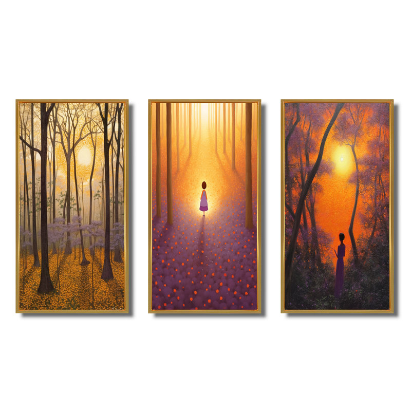 «Sunshine Through The Branches Of Winters Tree», 3 pièces sur toile, Encadrement doré, H 48 po x l 32 po